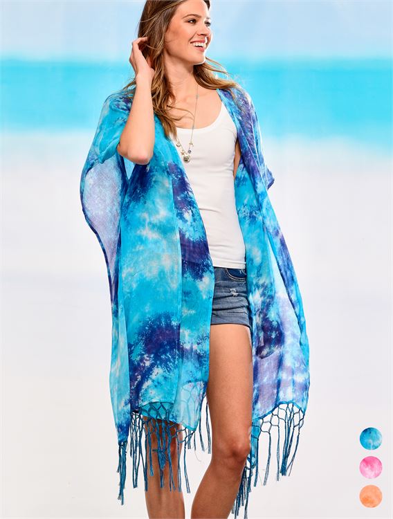 CHARLIE PAIGE TIE-DYED FRINGE CAPE IN TURQUOISE BLUE