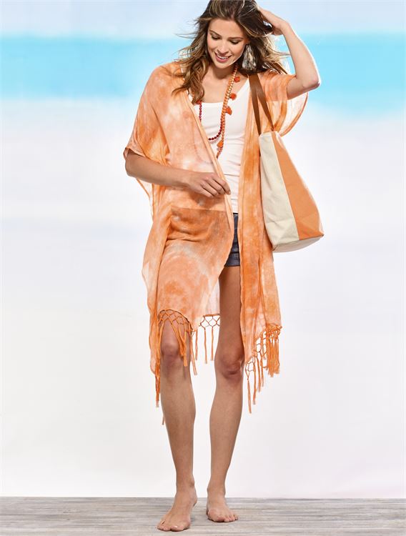 CHARLIE PAIGE TIE-DYED FRINGE CAPE IN PERSIMMON ORANGE