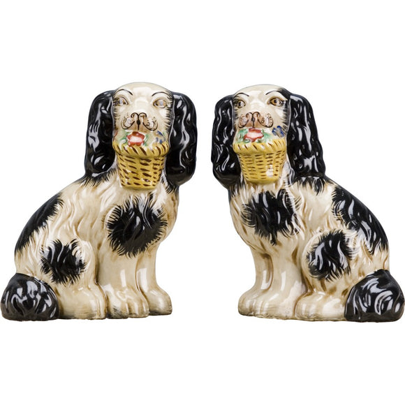 Staffordshire Reproduction Pair of Dog Figurines W/ Flowers In Mouth