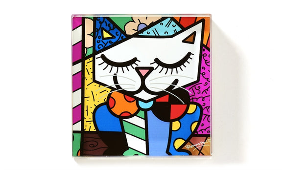 ROMERO BRITTO SQUARE GLASS PAPERWEIGHT- CAT