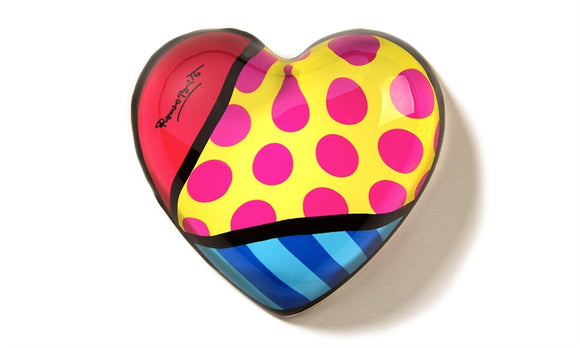 ROMERO BRITTO GLASS HEART PAPERWEIGHT- PINK DOTS WITH YELLOW