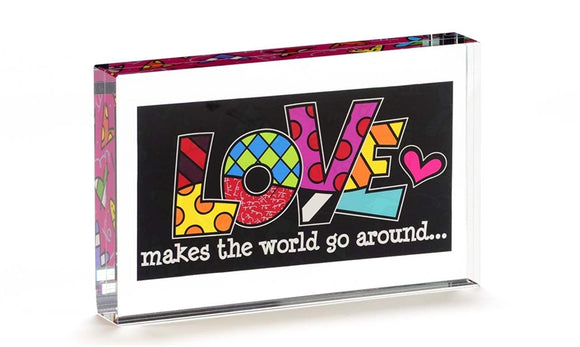 ROMERO BRITTO DOUBLE SIDED GLASS BLOCK- LOVE SAYING