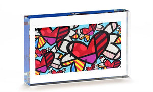 ROMERO BRITTO DOUBLE SIDED GLASS BLOCK- FLYING HEARTS DESIGN