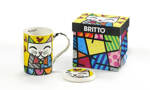 Romero Britto Bone China Mug w/ Lid- Cat Design