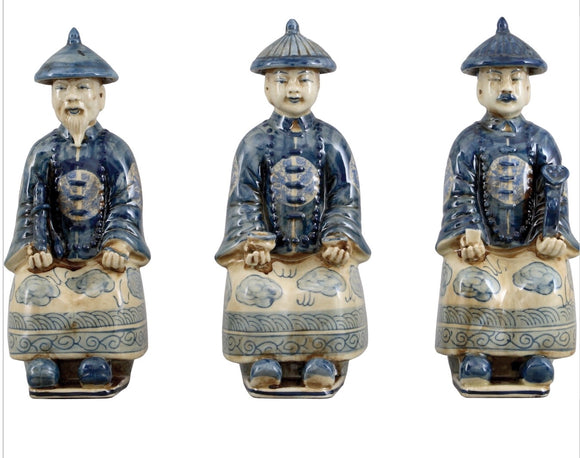 Oriental Qing Blue & White Porcelain Royal Figurines Set of 3