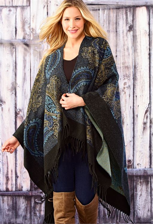 CHARLIE PAIGE PAISLEY CAPE WITH FRINGE IN BLUE, ONE SIZE