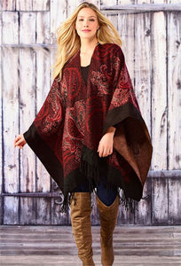 CHARLIE PAIGE PAISLEY CAPE WITH FRINGE IN WINE, ONE SIZE