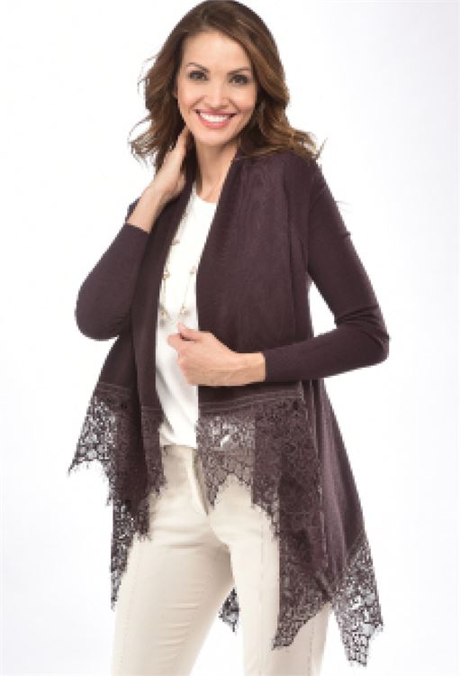 CHARLIE PAIGE LACE HEM CARDIGAN IN SHALE GREY SIZE: SMALL