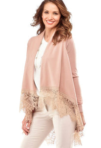 CHARLIE PAIGE LACE HEM CARDIGAN IN DUSTY ROSE SIZE: SMALL
