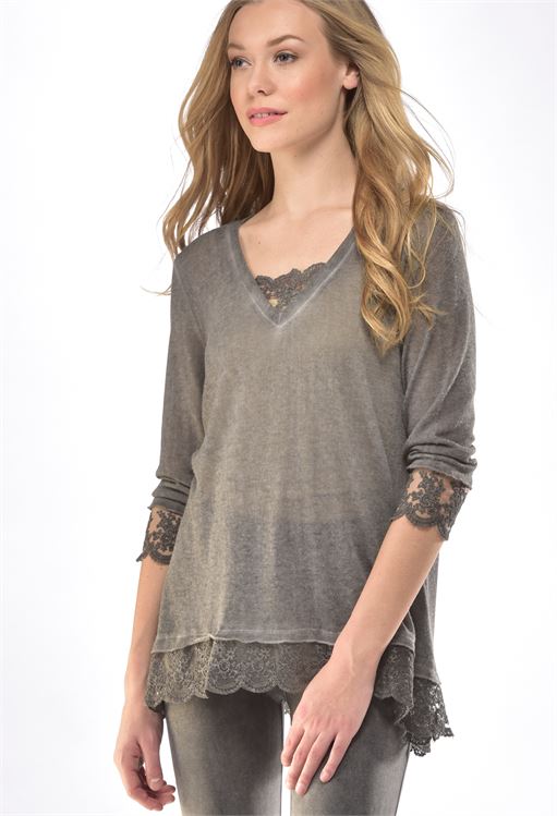 CHARLIE PAIGE KNIT TOP WITH LACE IN GREY SIZE SMALL/MEDIUM