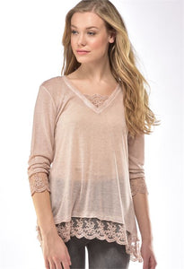 CHARLIE PAIGE KNIT TOP WITH LACE IN PINK SIZE LARGE/X-LARGE
