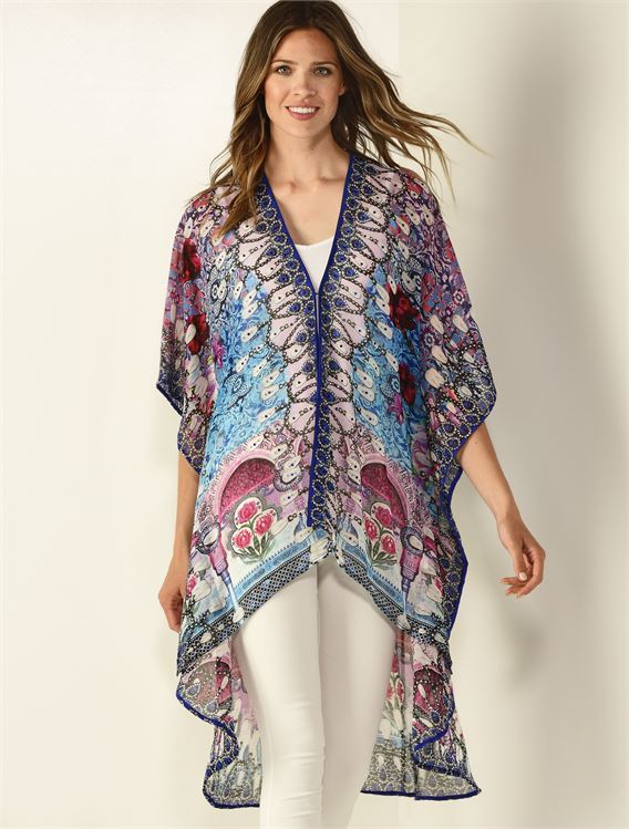CHARLIE PAIGE EMBELLISHED PRINTED KIMONO IN BLUE