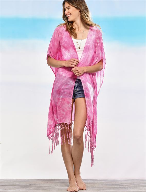 CHARLIE PAIGE TIE-DYED FRINGE CAPE IN HOT PINK
