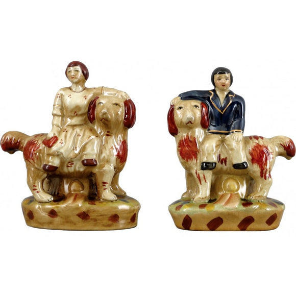 Staffordshire Reproduction Lion Dogs With Man & Woman Figurines Set of 2