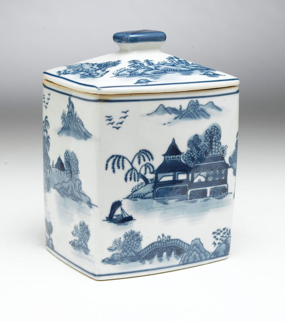 BLUE & WHITE RIVER SCENE RECTANGLE JAR WITH LID