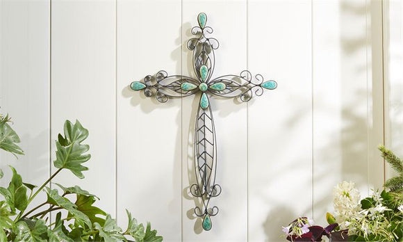 Sculpted Iron Wall Cross With Turquoise Bead Detailing