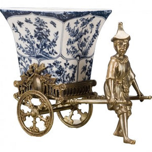 Blue and White Porcelain Planter With Bronze Oriental Man and Bronze Rickshaw
