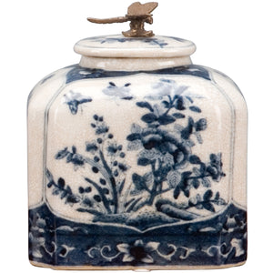 Blue And White Porcelain Box With Bronze Dragonfly On Top