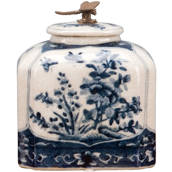 Blue And White Porcelain Box With Bronze Dragonfly On Top