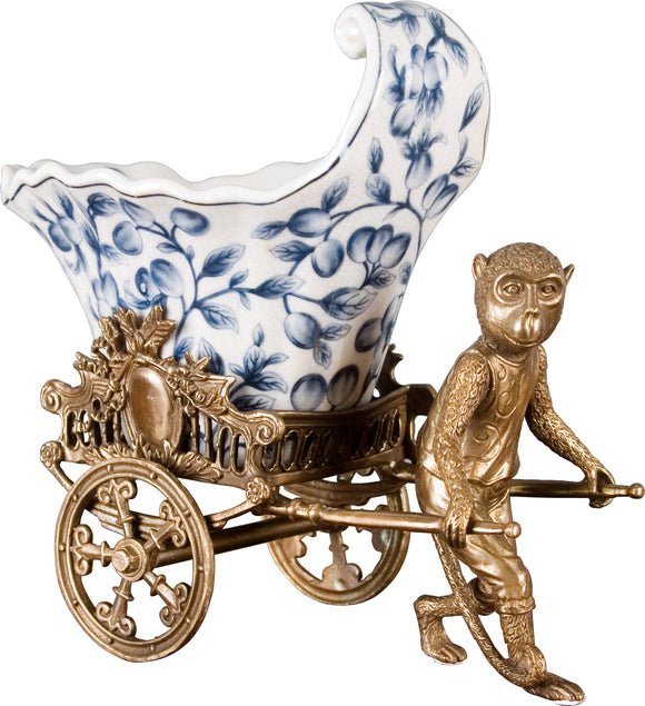 Blue and White Porcelain Planter With Bronze Monkey