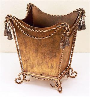 Antique Gold Iron Swag & Tassel Waste Basket