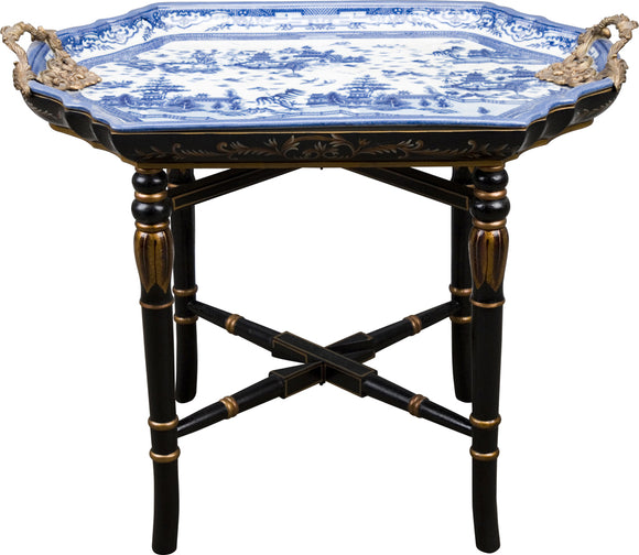 Blue And White Porcelain Oriental Tray Table With Bronze Handles