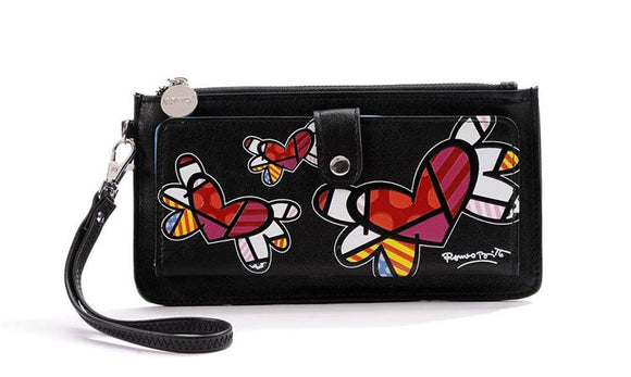 ROMERO BRITTO CLUTCH WALLET- BLACK WITH FLYING HEARTS