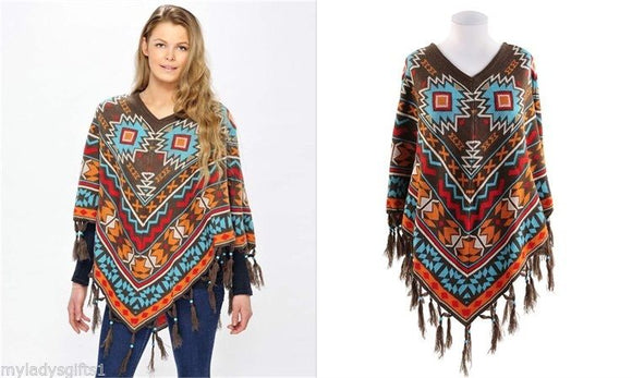 Charlie Paige Turquoise/Brown Multicolored Aztec Poncho