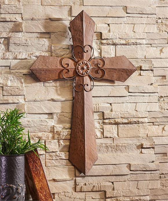 Brown Metal Wall Cross With Flower Center