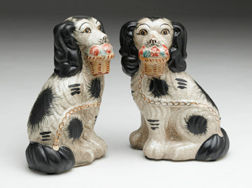 Staffordshire Reproduction Dog Pair With Baskets- Black with Crackled Finish
