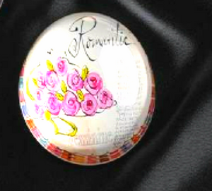 JOYCE SHELTON GLASS PAPERWEIGHT WITH "ROMANTC" & ROSES DESIGN