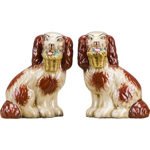 Staffordshire Reproduction Pair of Orange Dog Figurines W/ Flowers In Mouth