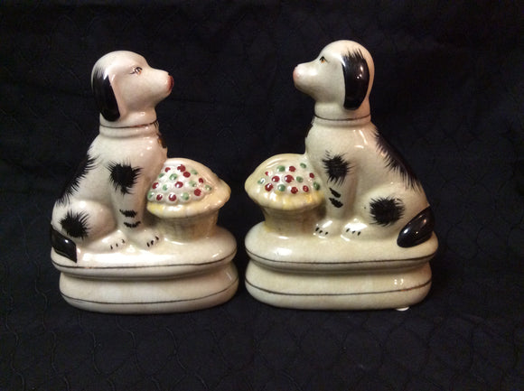 Staffordshire King Charles Spaniel Dogs with Flower Basket Figurines