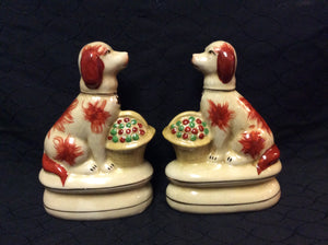 Staffordshire King Charles Spaniel Rust Colored Dogs w/ Flower Basket Figurines