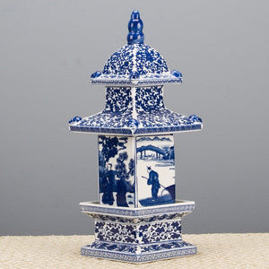 Blue & White Large Porcelain Pagoda Figurine/Box/Jar, 16"H