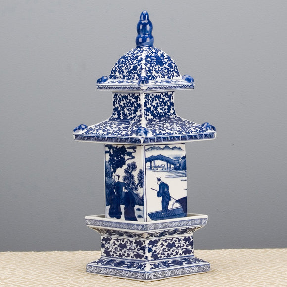 Blue & White Large Porcelain Pagoda Figurine/Box/Jar, 16