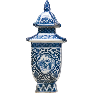 Blue and White Porcelain Petite Pagoda Box Jar Figurine