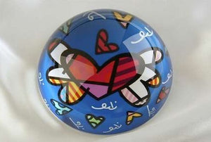 ROMERO BRITTO PAPERWEIGHT BLUE HEART WITH WINGS DESIGN