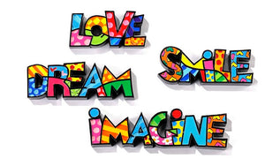 ROMERO BRITTO MINI WORD ART SET OF 4- LOVE, DREAM, SMILE, & IMAGINE