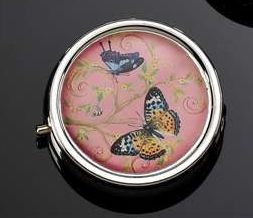 BUTTERFLY WITH PINK BACKGROUND PILL BOX WITH DIVIDERS & MIRROR