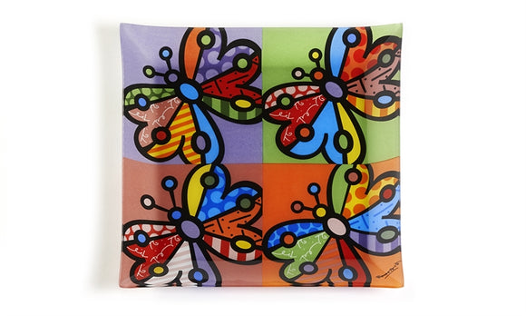 ROMERO BRITTO PAINTED GLASS PLATE- BUTTERFLY DESIGN