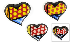 ROMERO BRITTO PAINTED GLASS PLATES- HEARTS SET OF 3