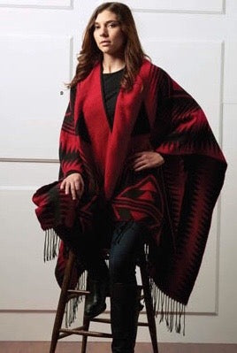 RED & BLACK WOVEN SOUTHWEST CAPE WITH FRINGE