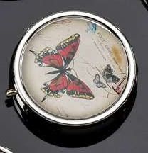 RED BUTTERFLY PILL BOX WITH DIVIDERS & MIRROR