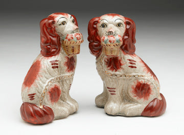 Staffordshire Reproduction Dog Pair With Baskets- Red/Rust Colored with Crackled Finish