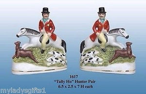Set of 2 Porcelain Tally Ho Hunt Scene Figurines on Horses w/ Dogs