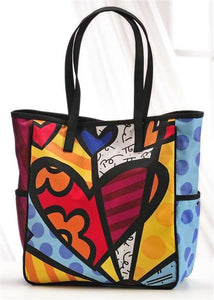 Romero Britto Hearts Tote Bag With Pockets on Outside