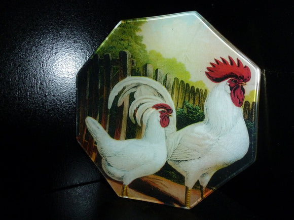 White Italian Roosters Octagon Decoupage Tray